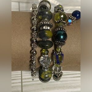 Set of three bracelets, green silver blue